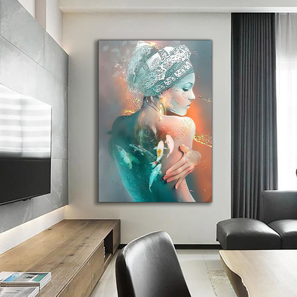Abstract woman canvas, fishes and woman painting, artistic woman decor, colorful woman print.jpg