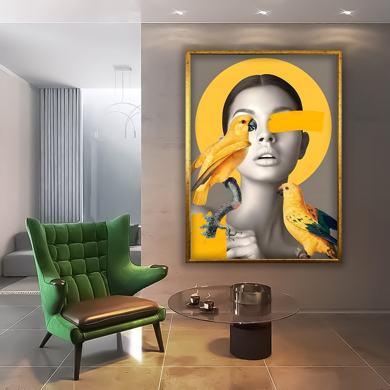 Abstract woman painting, woman and parrots print, yellow woman portrait, woman wall art.jpg