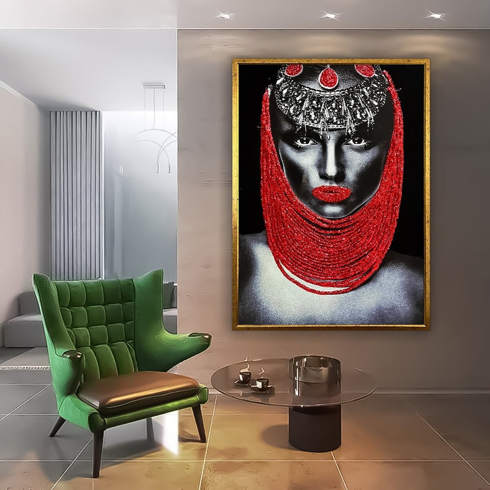 African woman art, black woman with red glitter texture, ethnic woman wall art, glitter woman decor, african woman painting, african print.jpg