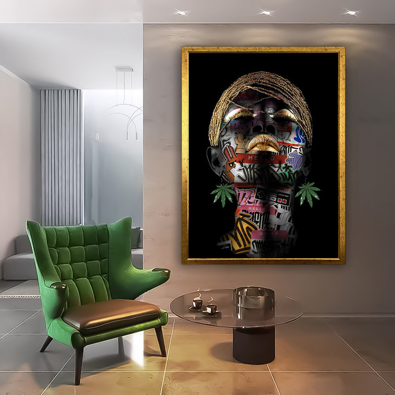 African woman art, graffiti woman print, ethnic woman with marijuana earrings, graffiti wall art, portrait of black woman with graffiti face.jpg