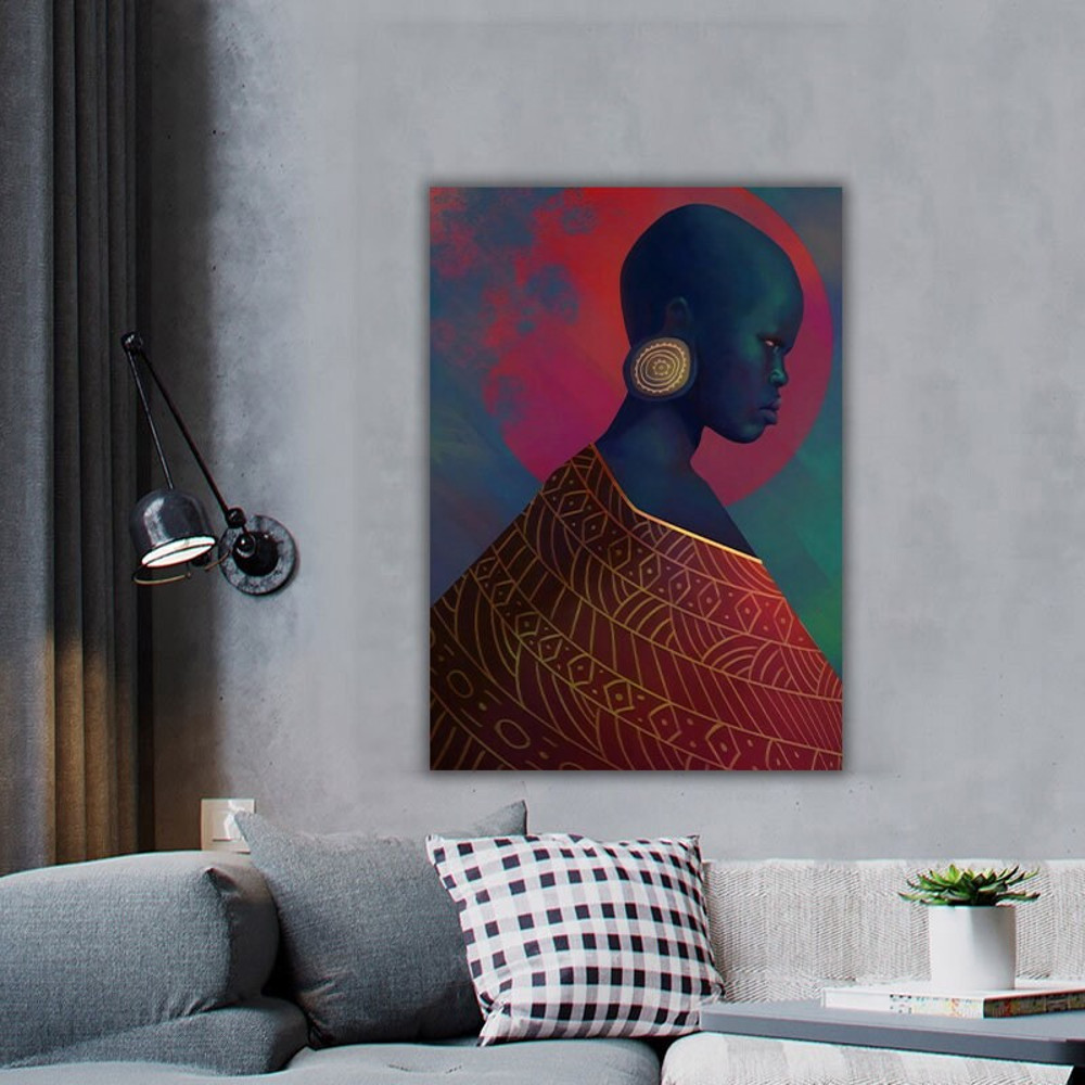 African woman canvas, black woman print with gold glitter texture, ethnic woman wall art, black woman poster, red and black woman art.jpg