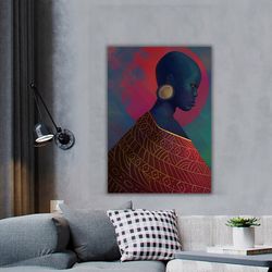 african woman canvas, black woman print with gold glitter texture, ethnic woman wall art, black woman poster, red and bl
