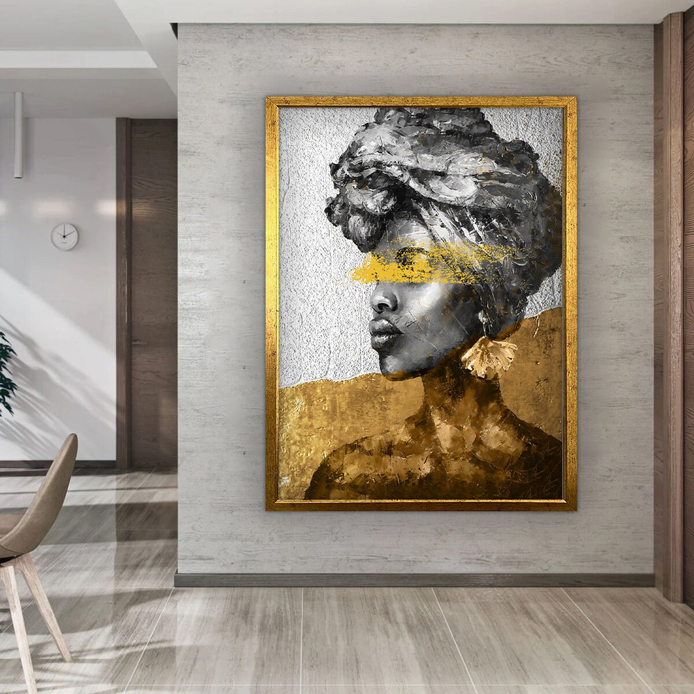 African woman canvas, gold detailed black woman painting, abstract ethnic woman wall art, african home decor, gold and white black woman art 1.jpg