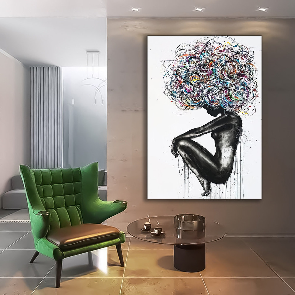 African woman silhouette painting, canvas wall art, black woman drawing print, black and white american woman painting, woman canvas print.jpg