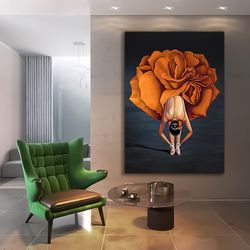ballerina canvas, woman painting in floral dress, woman art with flowers, ballerina canvas painting, artistic woman deco
