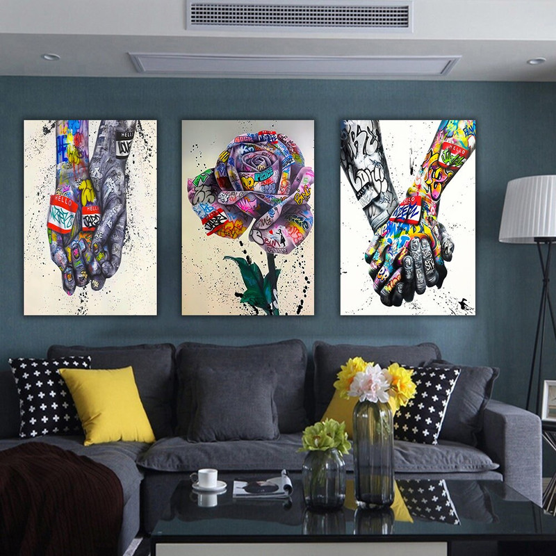 Banksy Set of 3 Canvas, hand gestures Art, Gift for Lover, Colourful Graffiti, Famous Mural Quote, Heart Graffiti Art, valentine's day gift 1.jpg