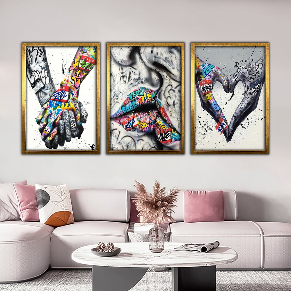 Banksy Set of 3 Canvas, Love and Kissing Art, Gift for Lover, Colourful Graffiti, Famous Mural Quote, Heart Graffiti Art, FRAMED CANVAS.jpg