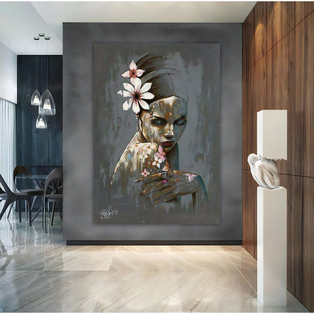 Beautiful woman with flowers canvas, gray painting, woman portrait poster, woman wall art.jpg