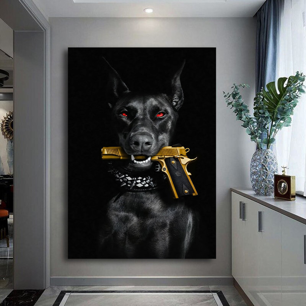 Black Dog And Gun Framed Canvas Painting, Black Dog Canvas Wall Art, Gun Artwork, Dog With Gun Wall Decor, Dog Gift, Animal Canvas.jpg