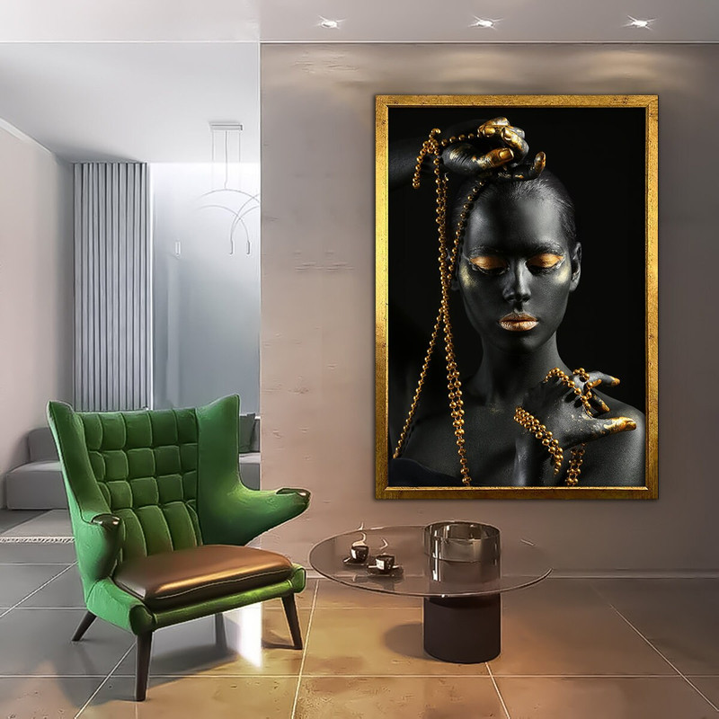 Black woman with chain in hand, african woman art, ethnic woman decor, african woman canvas print, framed wall decor 2.jpg