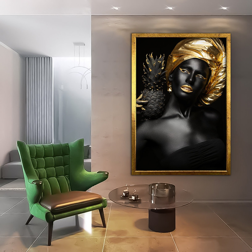 Black woman with pineapple in hand, woman with pineapple canvas painting, black woman print, african gold woman wall decor 1.jpg