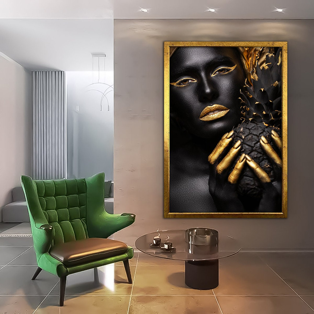 Black woman with pineapple in hand, woman with pineapple canvas painting, black woman print, african gold woman wall decor.jpg