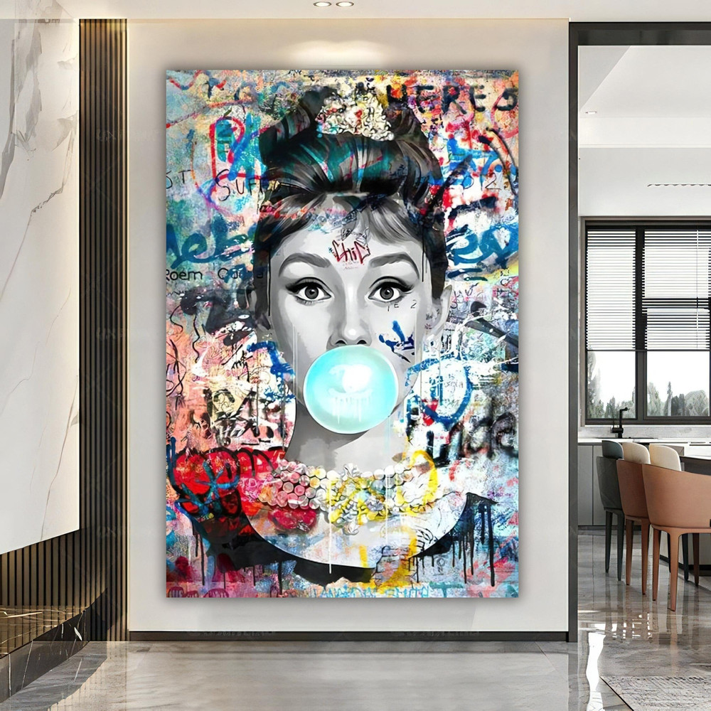 Blowing Bubble Gum Art, Brigitte Bardot, Marilyn Monroe, Audrey Hepburn,abstract canvas art,Banksy street art, abstract bright art,Canvas.jpg