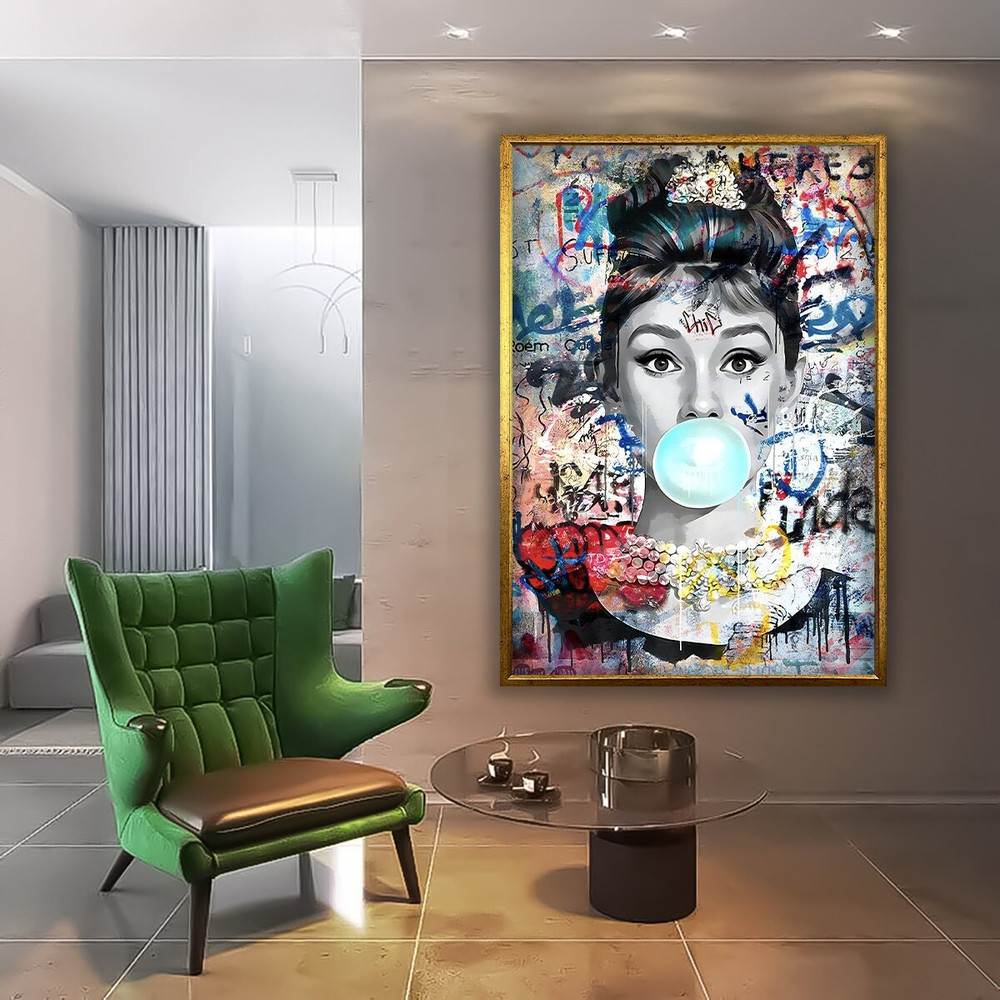 Blowing gum canvas, famous woman print, pop art woman painting, graffiti canvas, graffiti woman art, graffiti wall art, gummy woman pop art.jpg