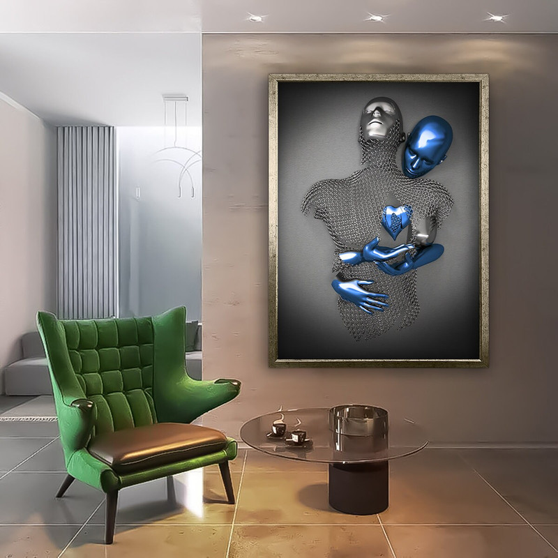 Blue heart frame love couples canvas painting ,love art Wall Art, Framed Print, bedroom wall art, couple hugging each other canvas painting.jpg