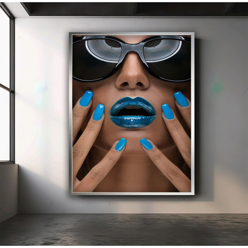 Blue nail polish woman canvas, blue lipstick woman wall art, blue woman poster.jpg