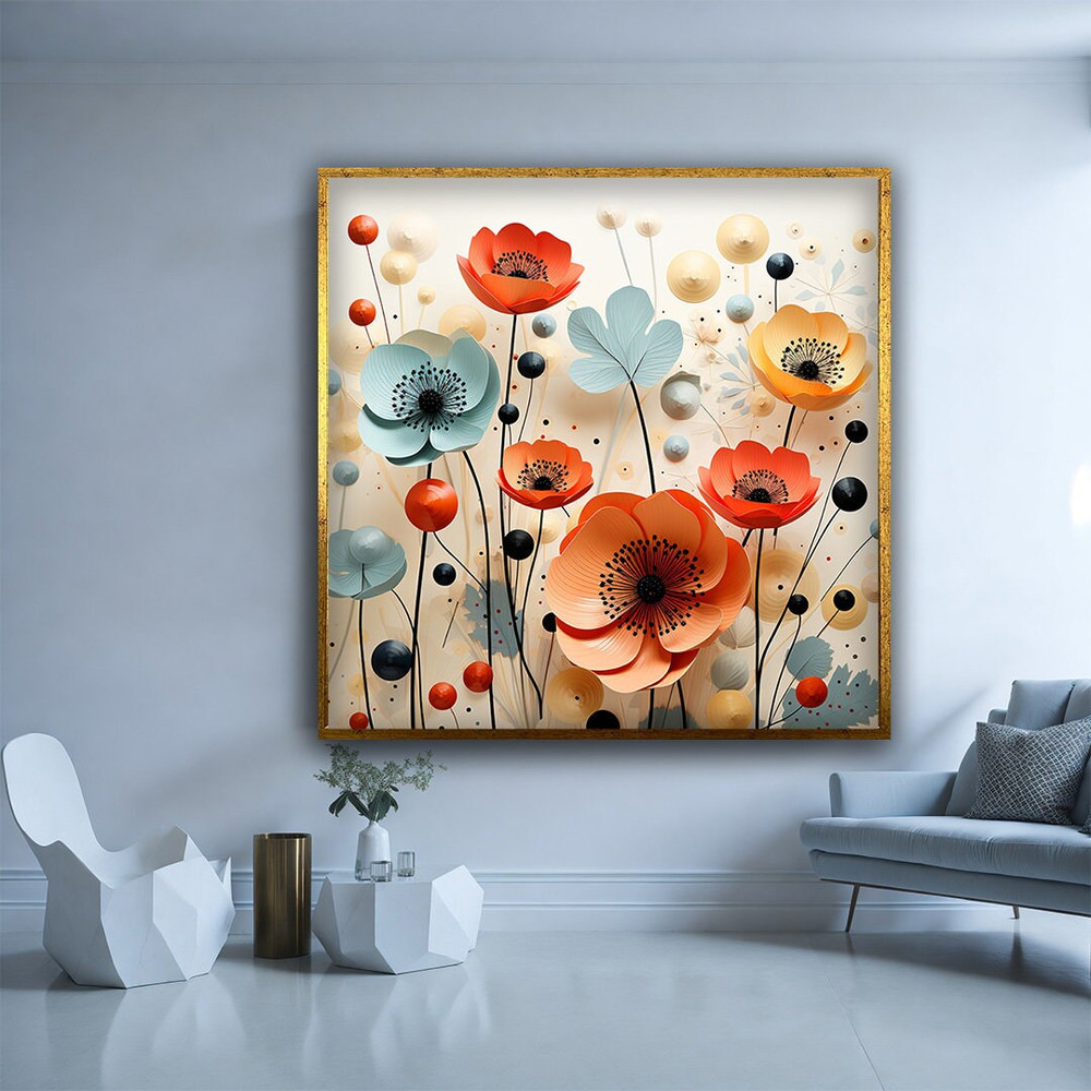 Blue orange flowers canvas art, flowers canvas painting, blue flower poster, orange flower poster, flower print painting.jpg