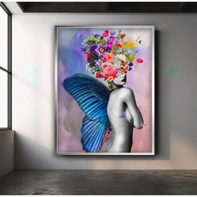 Blue wing woman canvas painting, blue butterfly woman art, colorful flower wall art, colorful flower wall decor.jpg