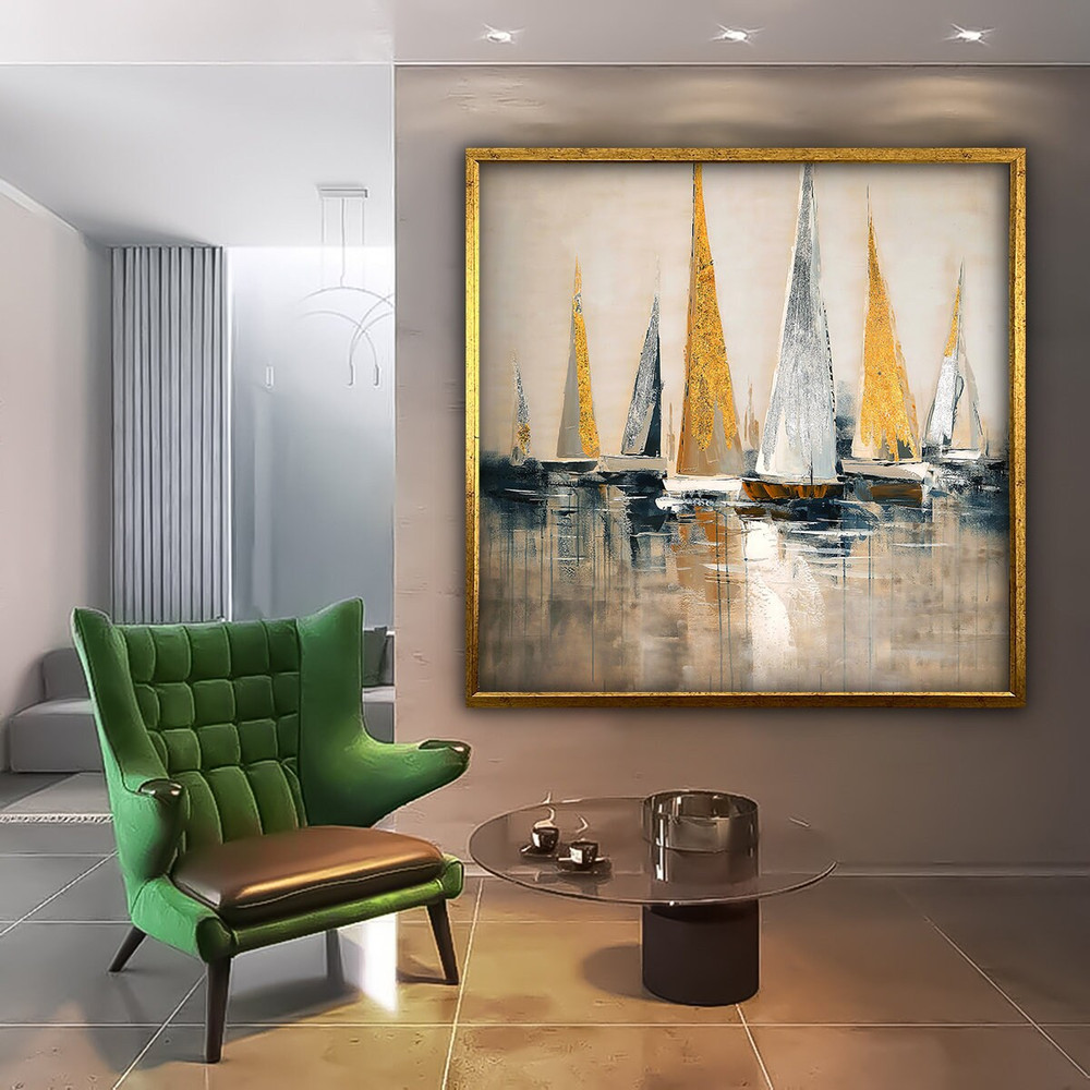 Boat canvas, gold ships painting, abstract sailing wall art, sailboats print, paint textured canvas, glitter textured art painting.jpg