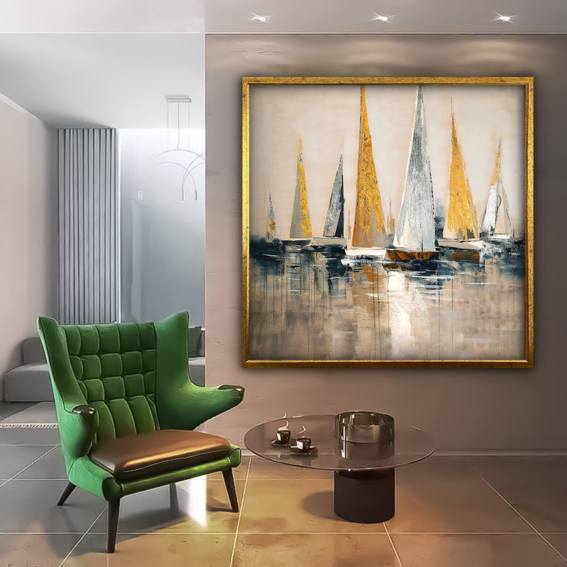 Boat canvas, gold ships painting, abstract sailing wall art, sailboats print, paint textured canvas, glitter textured art painting.jpg