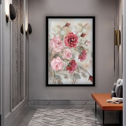 botanical canvas, pink rose art, modern wall decor, floral art, abstract canvas, red rose wall decor, rose poster, flowe