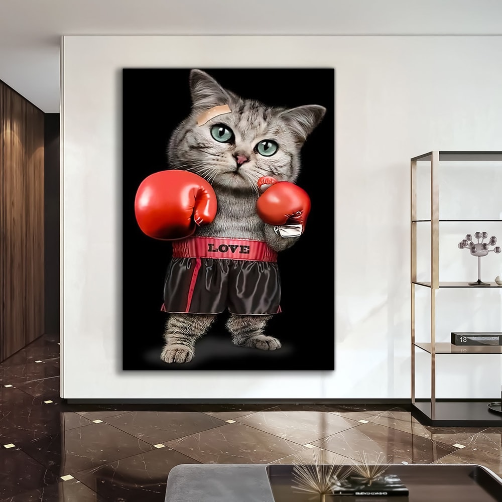 Boxer cat canvas, cat painting, funny pop art cat print, kids room decor, animal painting, cat wall art, cat poster, boxer animal canvas.jpg