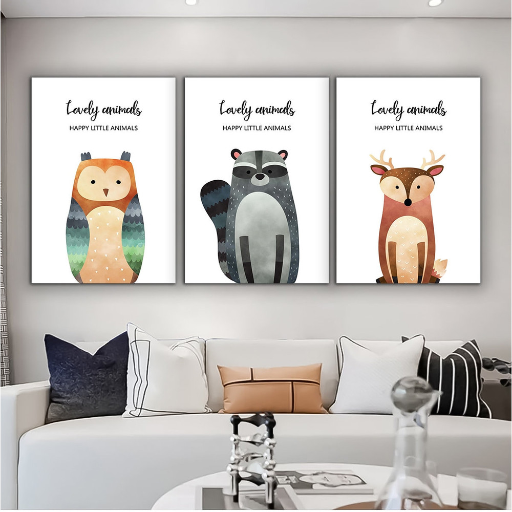 Cartoon animals 3 piece canvas, nursery decor, baby room cute animal painting, framed nursery canvas print 2.jpg