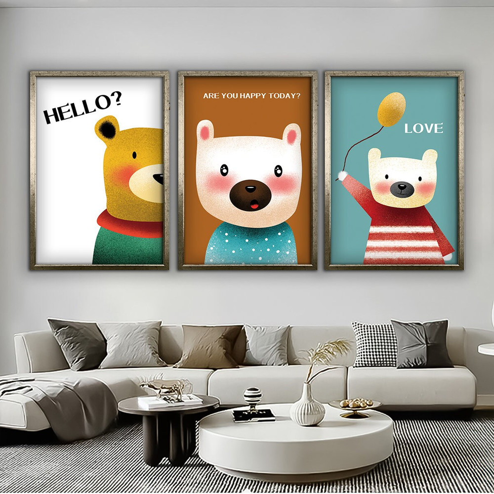 Cartoon animals 3 piece canvas, nursery decor, baby room cute animal painting, framed nursery canvas print.jpg