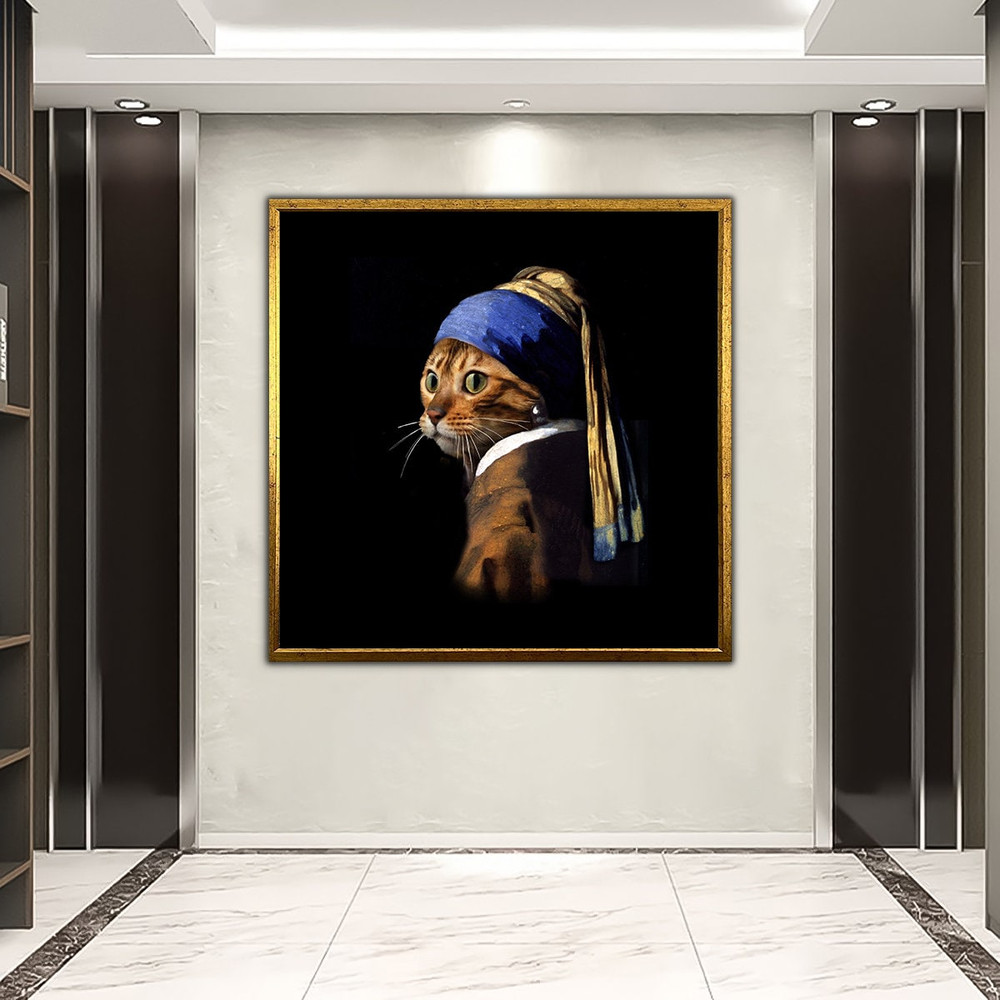 Cat with pearl earring canvas, surreal artistic painting, girl with pearl earring abstract wall art, surreal human home decor.jpg