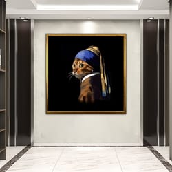 cat with pearl earring canvas, surreal artistic painting, girl with pearl earring abstract wall art, surreal human home