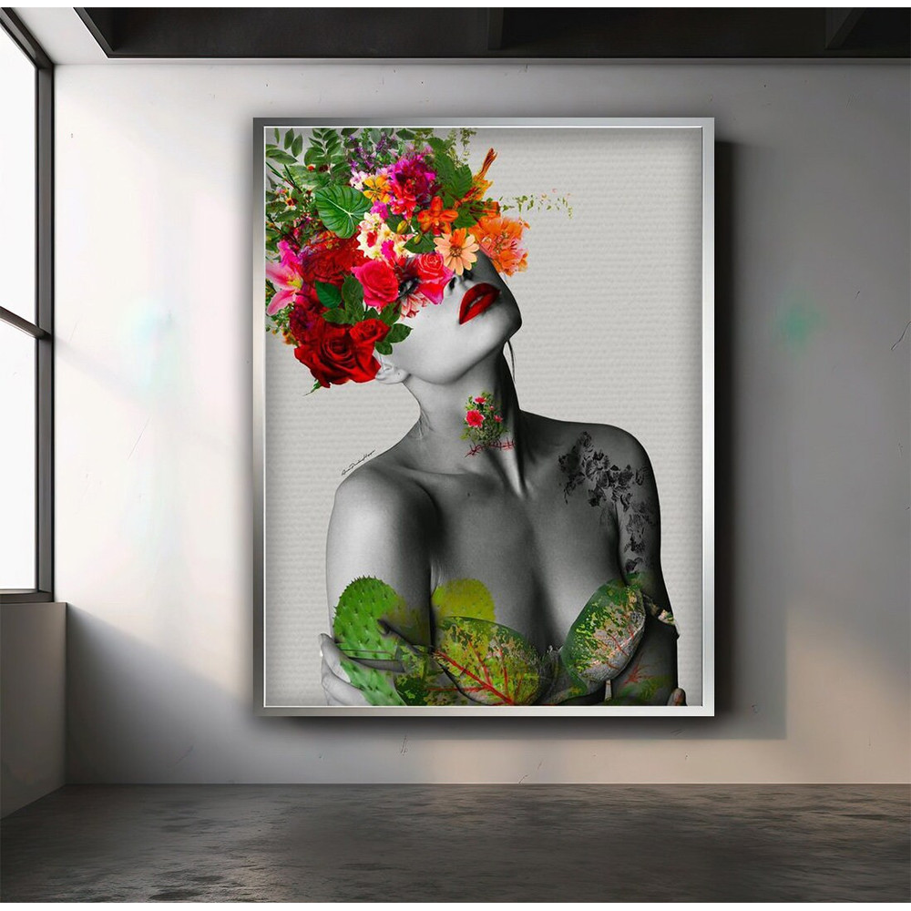 Colorful flowers sexy woman canvas, woman with green leaves wall art, woman with flowers in her hair poster.jpg