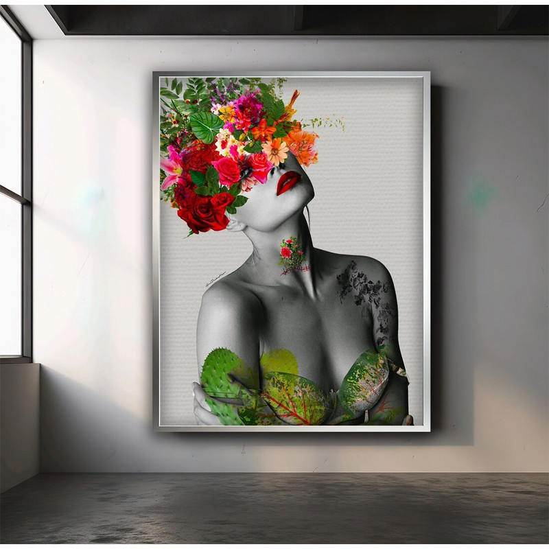 Colorful flowers sexy woman canvas, woman with green leaves wall art, woman with flowers in her hair poster.jpg