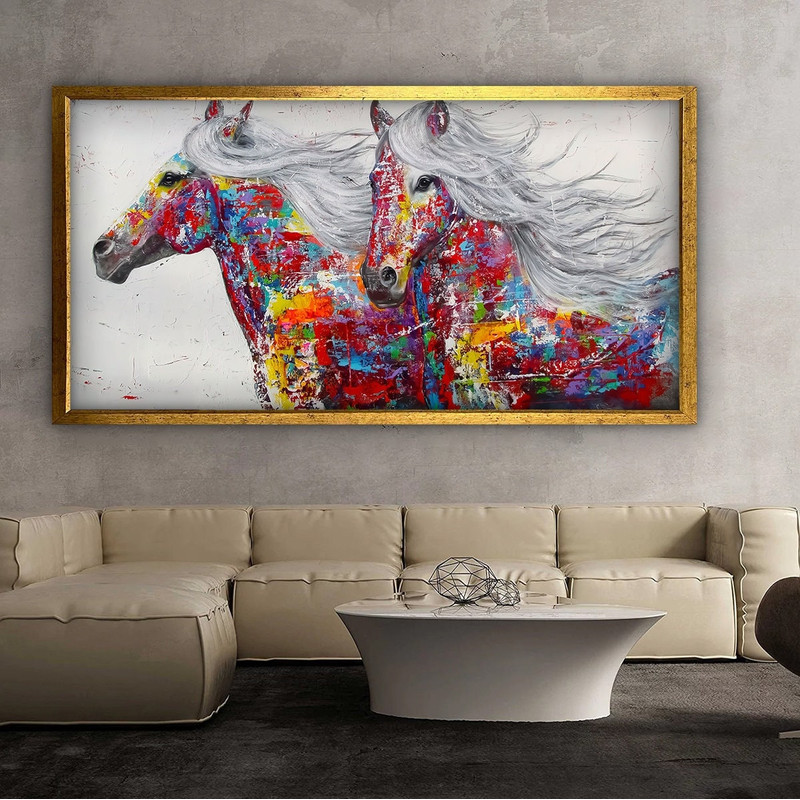 Colorful horses canvas, 2 pairs of horses painting, red horse print, colorful horses wall art, horse canvas painting, horse canvas print 1.jpg