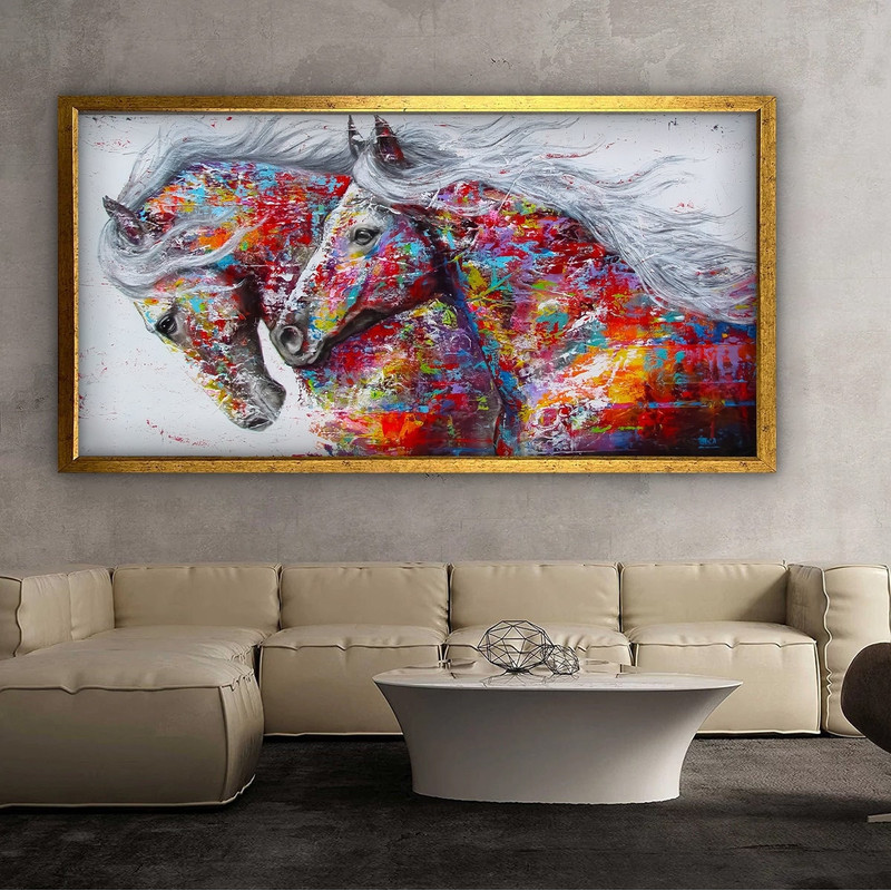 Colorful horses canvas, 2 pairs of horses painting, red horse print, colorful horses wall art, horse canvas painting, horse canvas print.jpg