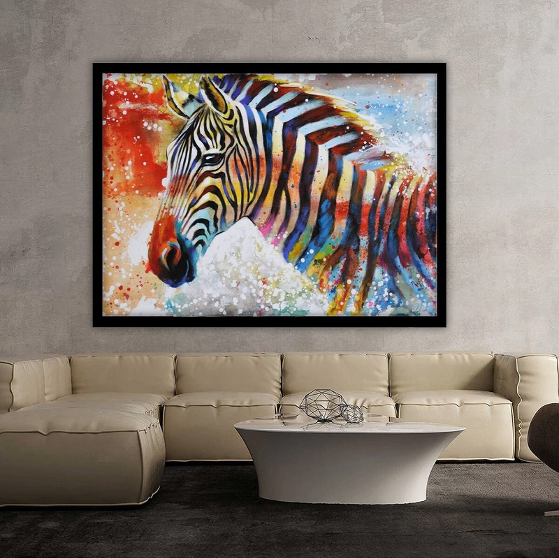 Colorful zebra painting, zebra canvas print, watercolor look zebra poster, zebra home decor, zebra wall art.jpg