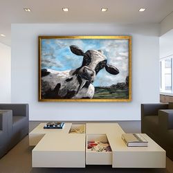 cow canvas, cute cow painting, animal home decor, cow wall art, cow poster, cow canvas print, black and white cow painti