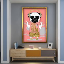 cute dog listening to music canvas, boy room decor, baby room print, educational wall decor.jpg