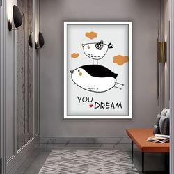 cute penguin canvas, dream nursery canvas painting, flying penguin cartoon baby room poster, framed nursery canvas decor