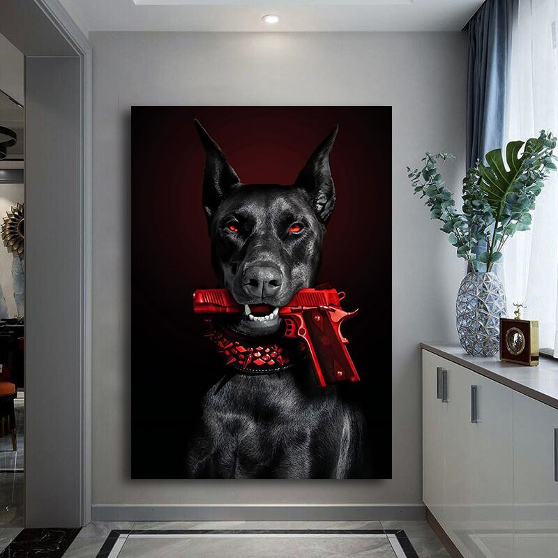 Doberman and gun canvas, dog in gun mouth painting, gun and dog print, wild dog art, ille.jpg