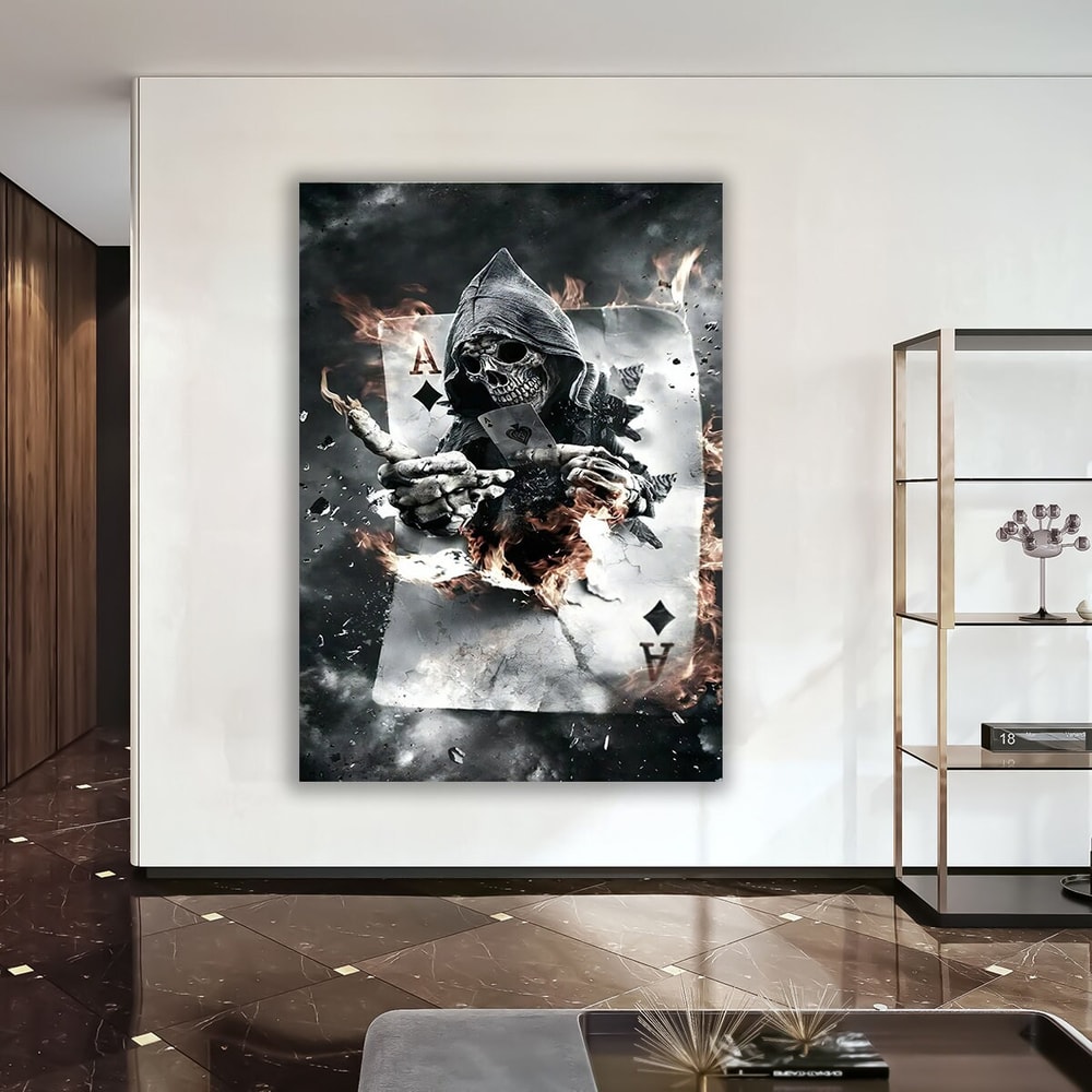 Devil and poker painting, skull canvas painting, devil wall art, playing cards print, playing card poster, skeleton house art.jpg