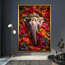 elephant canvas painting, elephant painting with flowers, abstract elephant wall art, elephant art in flowers,red flower
