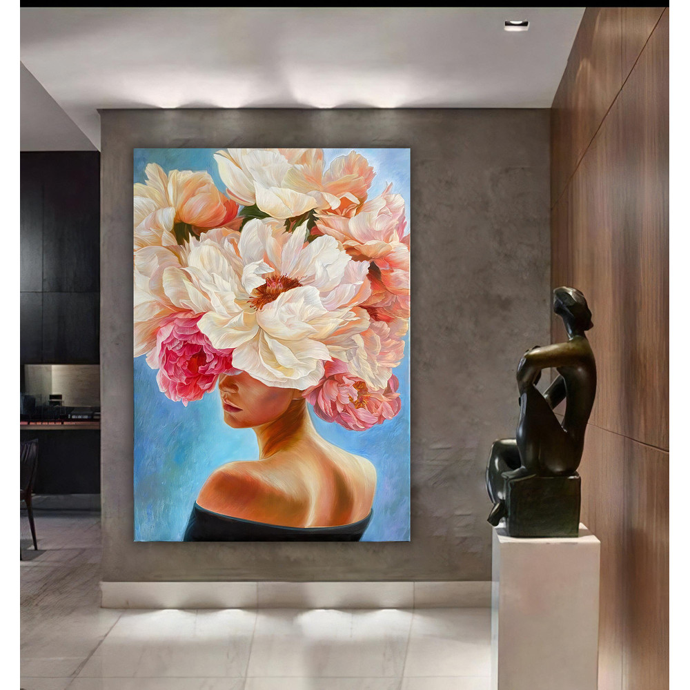 Floral woman wall art, woman portrait, rose-headed girl decor, pink floral woman art,woman with flower body canvas painting,woman canvas ART.jpg