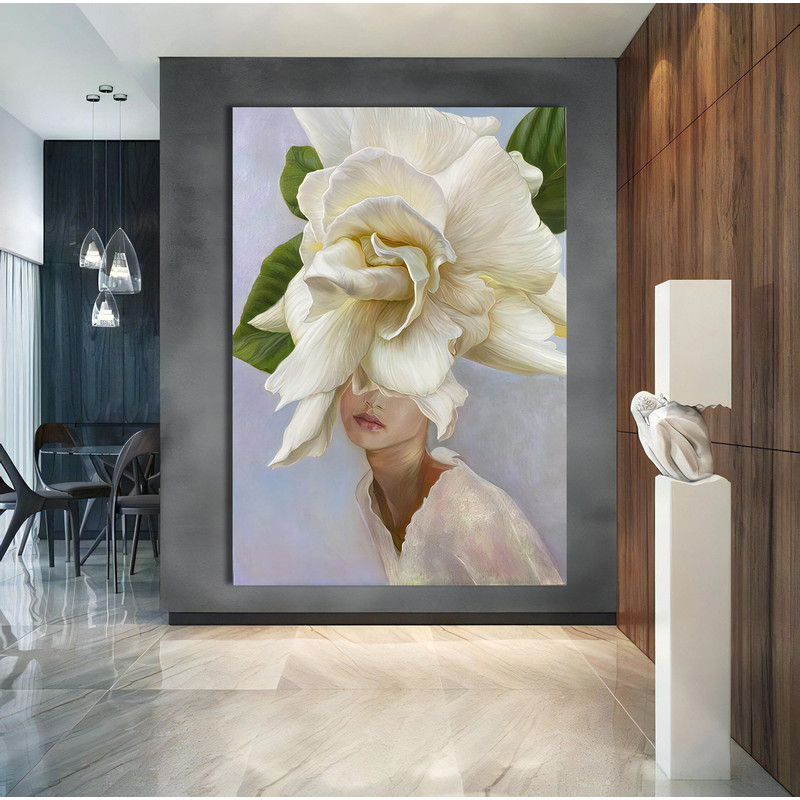 Floral woman wall art, woman portrait, rose-headed girl decor, White floral woman art,woman with flower body canvas painting,woman canvas.jpg