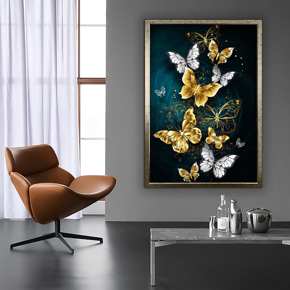 Flying butterflies canvas, golden butterflies canvas print, blue butterfly painting, butterfly canvas art, animal home decor.jpg