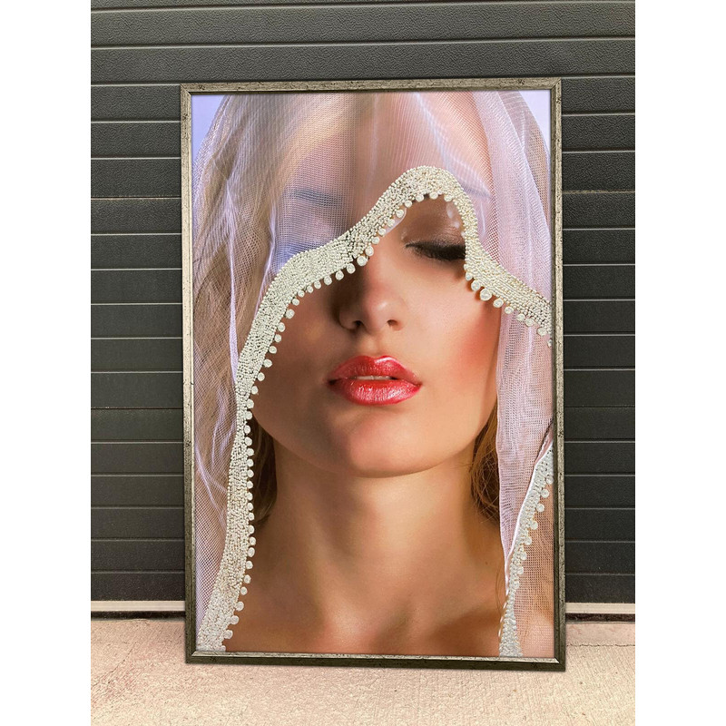 Framed women painting, silver glitter textured women print, veiled women art, girl in wedding dress painting, women wall art.jpg