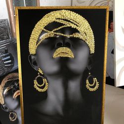 gold african woman painting, black ethnic woman print, glitter textured painting, gold and black woman art, african woma