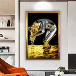 gold hair nude woman, nude art, gold hair printed, silver woman art canvas, naked woman artwork, bedroom wall decor, nak