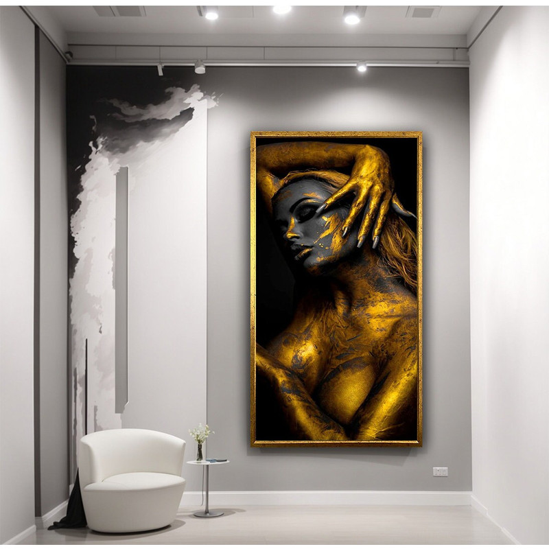 Gold nude woman canvas, nude woman canvas print, gold black nude woman wall decor, black nude woman art.jpg