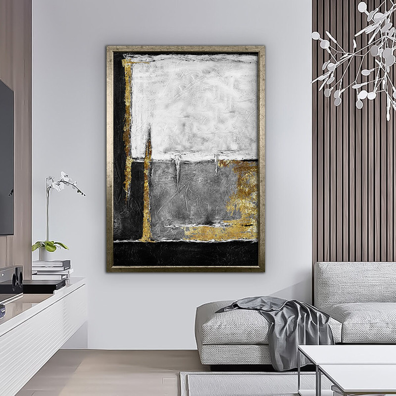 Gray and white abstract canvas, modern abstract canvas print with gold texture, framed canvas painting 1.jpg