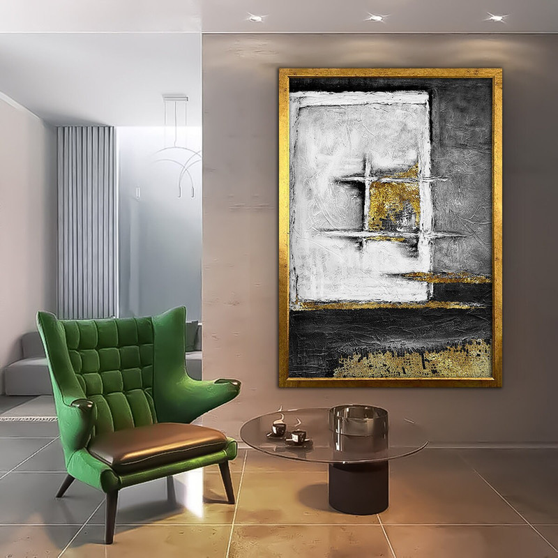 Gray and white abstract canvas, modern abstract canvas print with gold texture, framed canvas painting.jpg